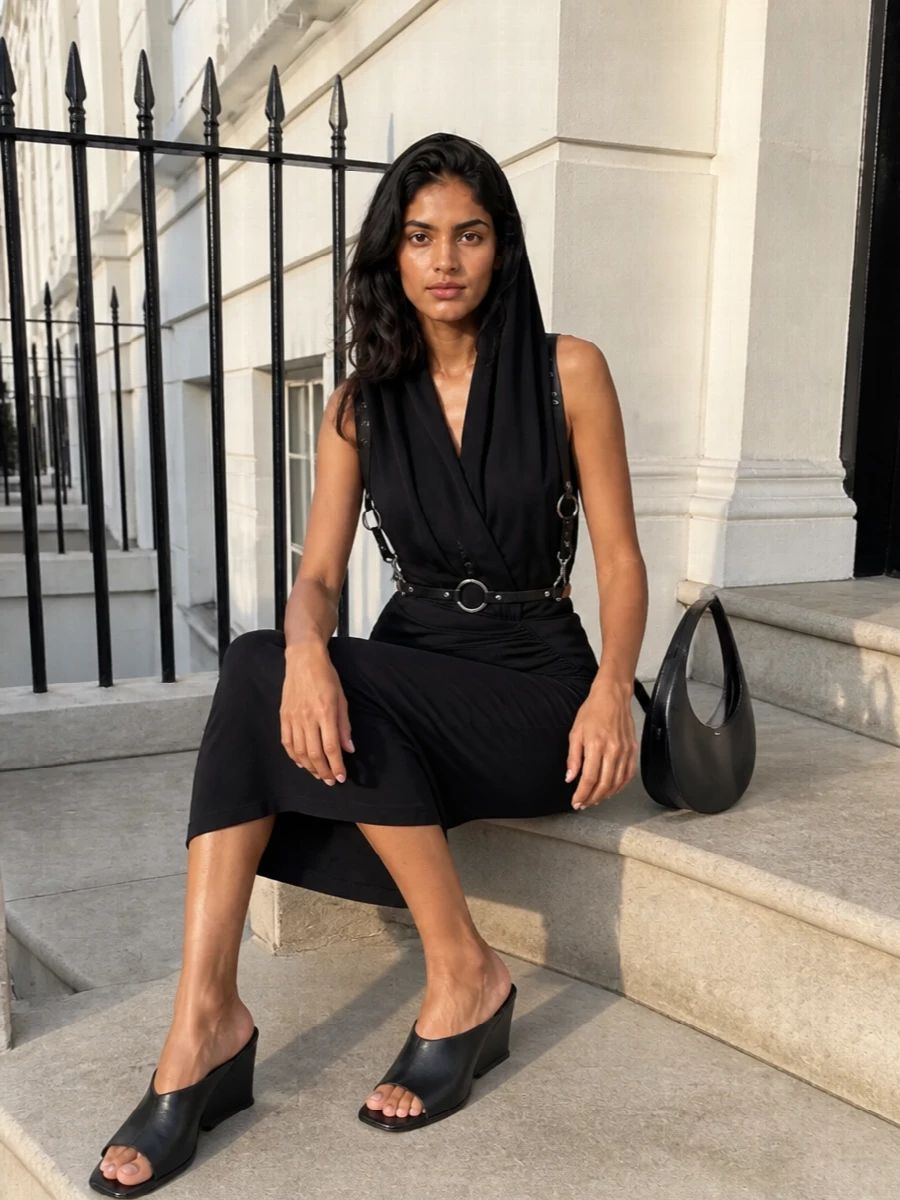 A sculpted black column and sharp wedge heel give this outfit a powerful, night-focused attitude. The curved shoulder bag and harness detailing keep everything tight to the body, adding a graphic, almost futuristic edge without disturbing the clean hooded lines.