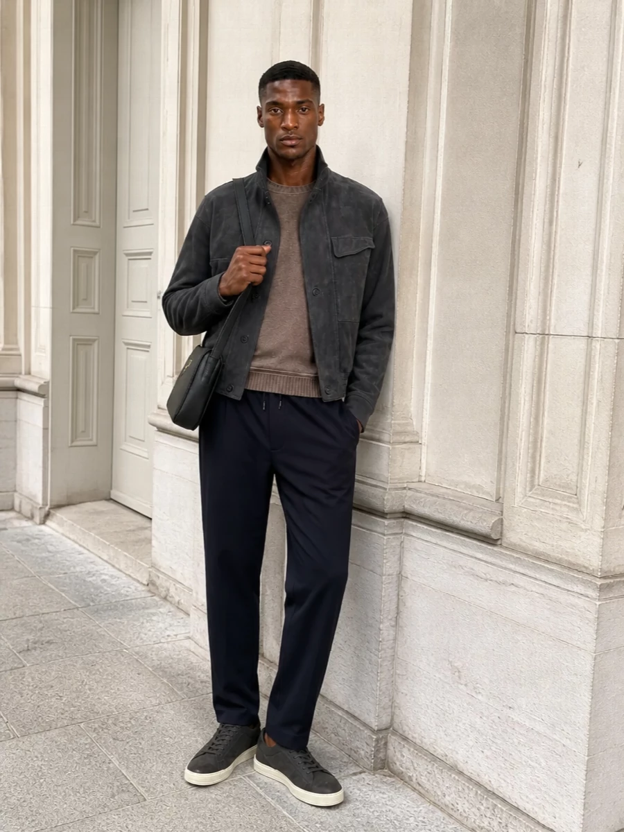 Giorgio armani suede jacket navy trousers outfit