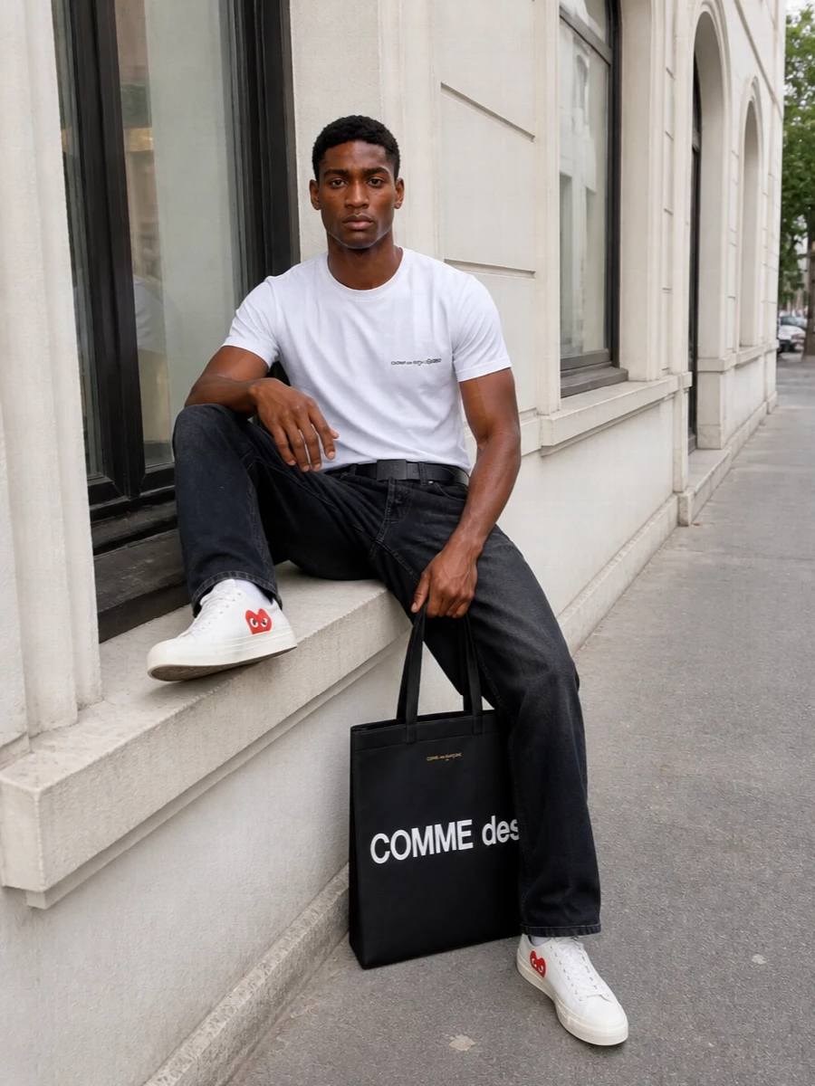 A crisp white CDG tee sits against washed-black A.P.C. denim for a clean, monochrome take on streetwear. Canvas Play sneakers and the bold CDG tote keep the energy graphic but controlled, while a slim Margiela belt subtly structures the silhouette. It is an easy, city-ready mix of cult labels that still feels low key and precise.