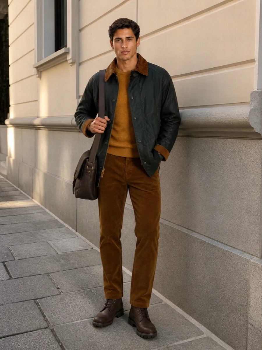 Barbour waxed jacket ochre knit corduroy outfit