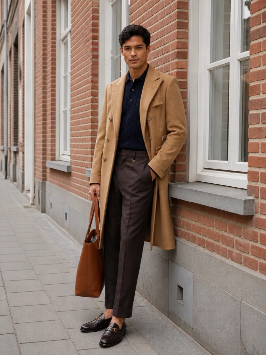 Ralph lauren camel coat burberry trousers outfit