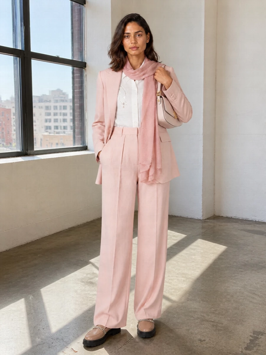 Dusty blush tailoring meets a precise ivory shirt for a softly structured take on modern power dressing. The high waist and fluid wide leg stay clean and leggy with a neat front tuck. Taupe loafers and a blush baguette bag keep the palette tonal and calm, with the scarf adding a whisper of extra softness if you want it.