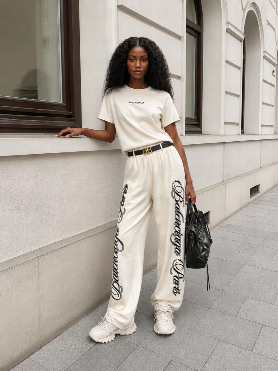 Balenciaga track pants logo tee sneaker outfit