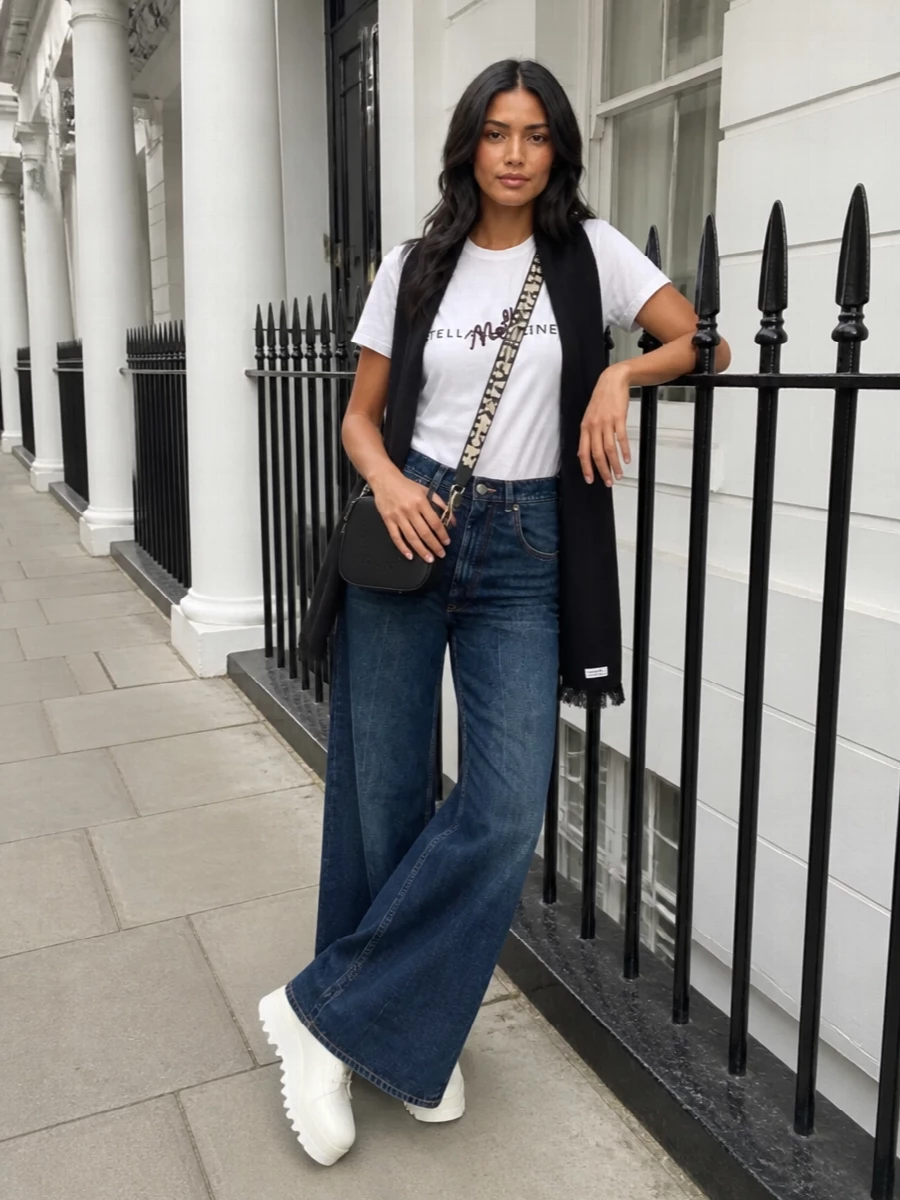 Stella mccartney logo tee wide leg jeans outfit