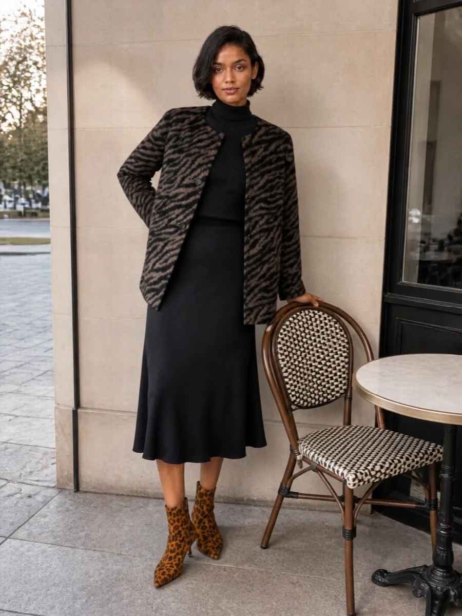 Alysi animal print coat black knit midi dress