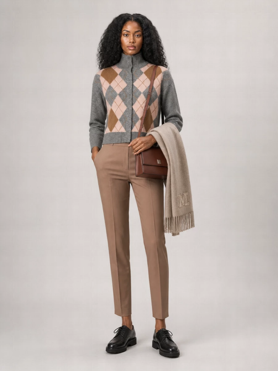 S Max Mara Cashmere Wool Argyle High Neck Cardigan