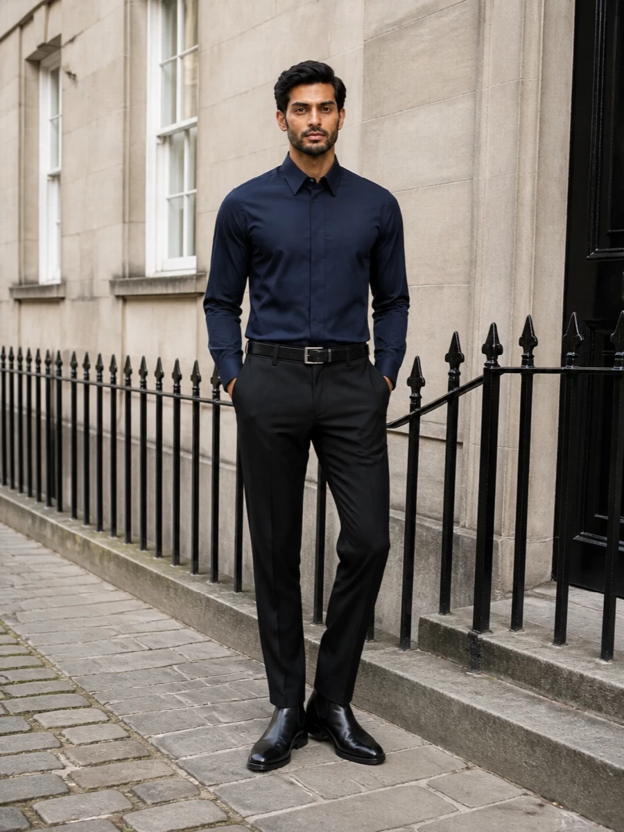 Alexander mcqueen black trousers navy shirt outfit