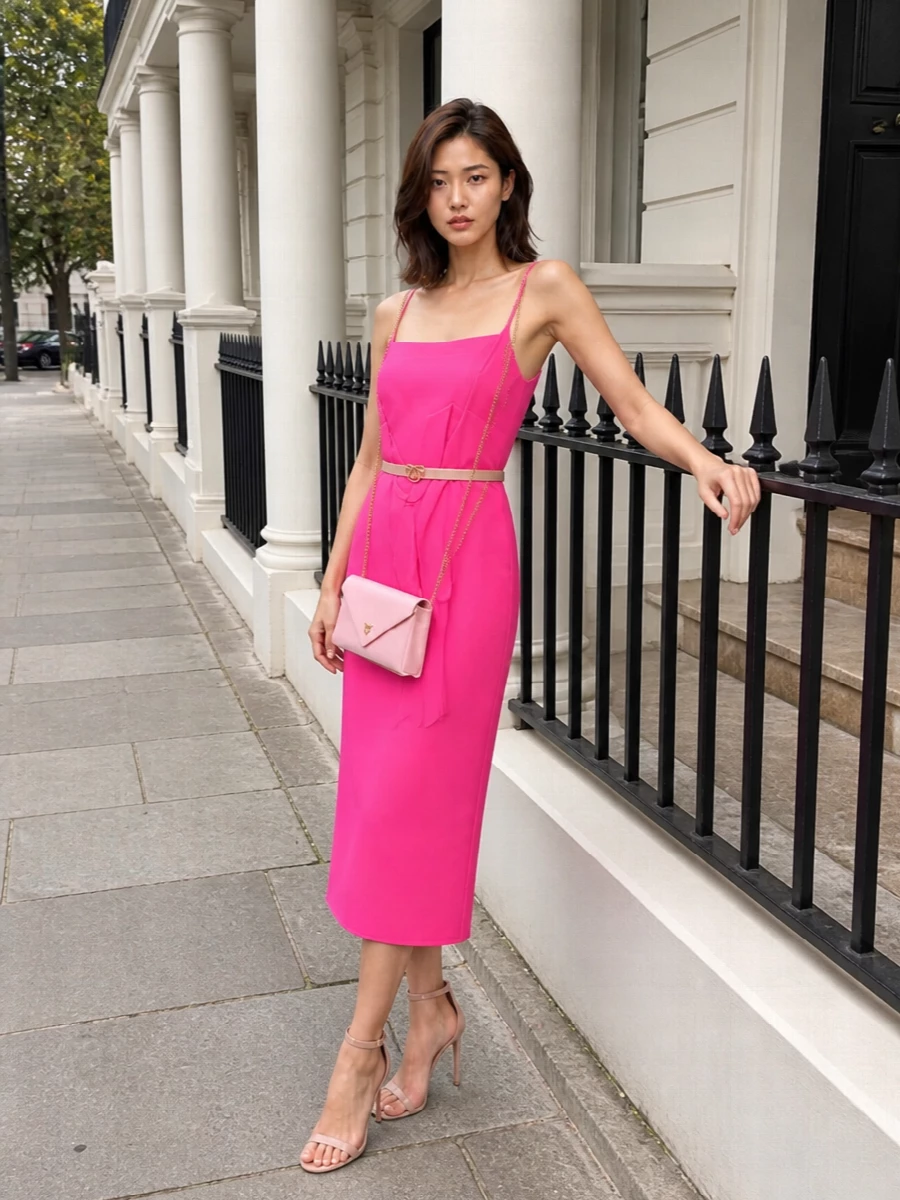 A hot-pink slip becomes the main event, grounded by blush-nude stilettos and a neat powder-pink envelope bag for a polished, cocktail-ready finish. The slim nude belt adds just enough waist definition while keeping the silhouette fluid and modern.