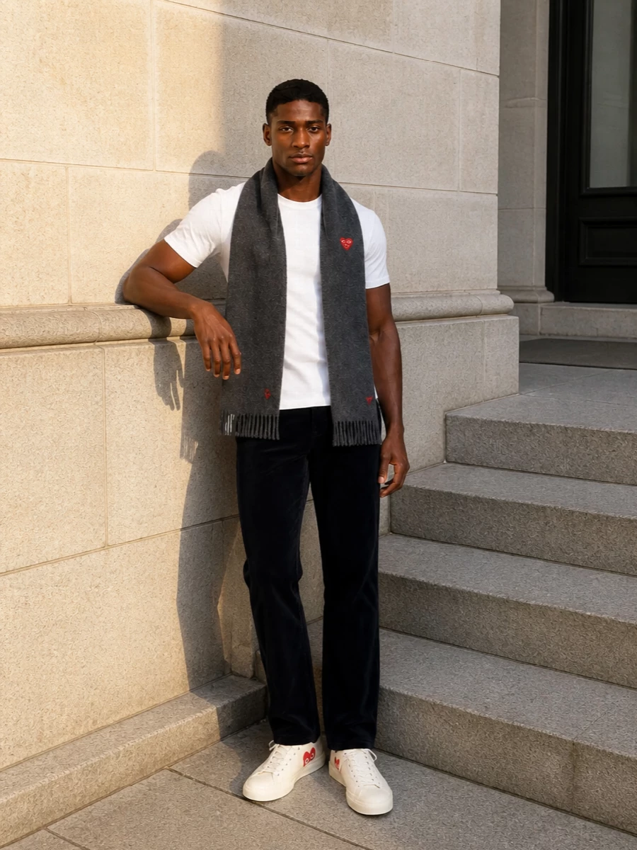 Soft white Play on inky corduroy creates a clean, graphic base that feels easy for city days. Off-white low-top hearts keep the colour story tight, while the black leather tote and charcoal scarf pull everything into a quietly polished, wearable uniform. It is relaxed enough for denim days but reads considered enough for a casual office or dinner.