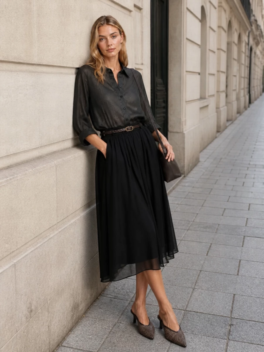 Brunello cucinelli sheer charcoal shirt midi skirt