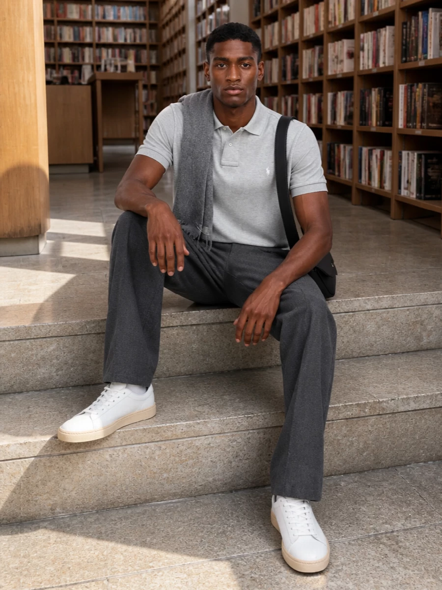 A light grey ribbed-hem polo sits cleanly over relaxed charcoal trousers, giving a modern preppy take on smart casual. White leather sneakers with a soft tan sole keep the palette calm and fresh while underlining the easy silhouette. A slim black shoulder bag and heather-grey scarf finish it with quiet structure and city polish.