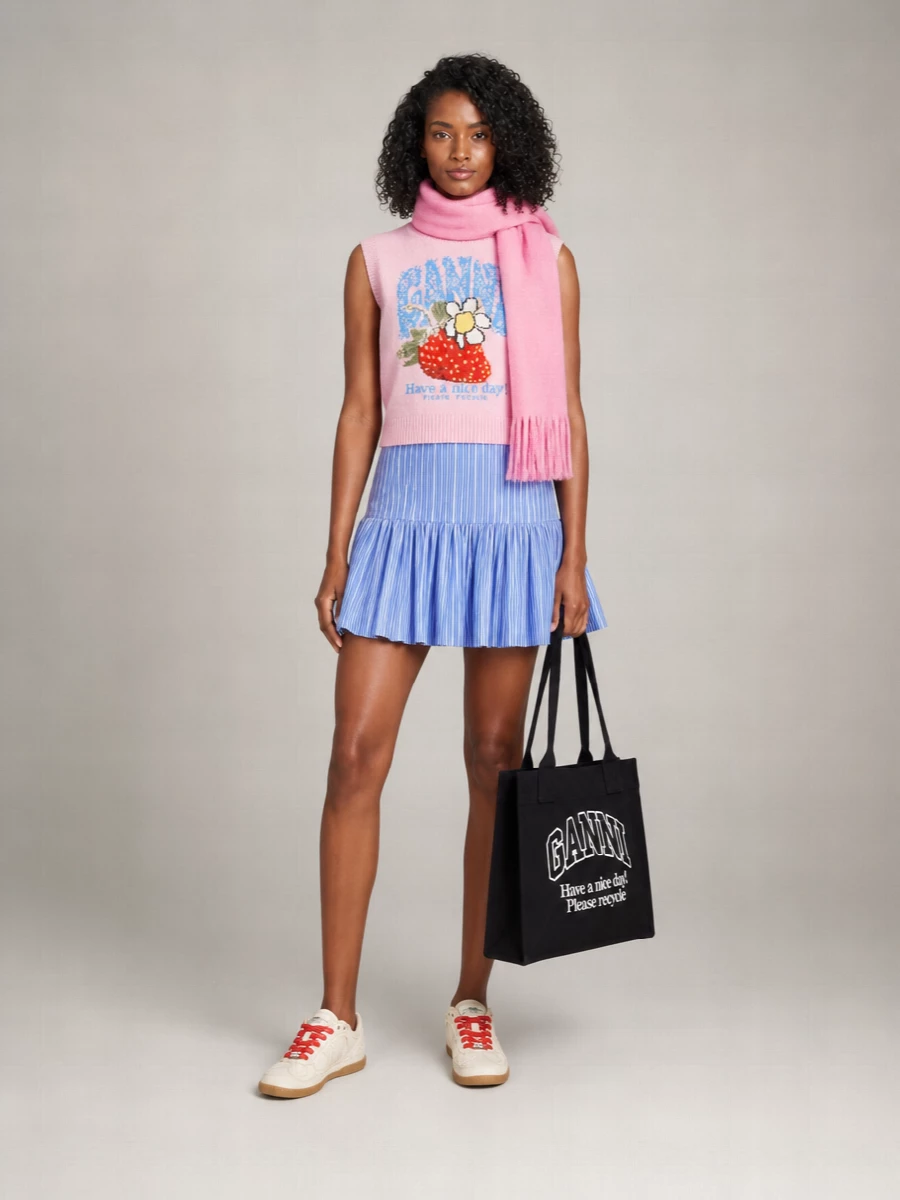 Ganni Wool Blend Ribbed Strawberry Intarsia Knit Vest