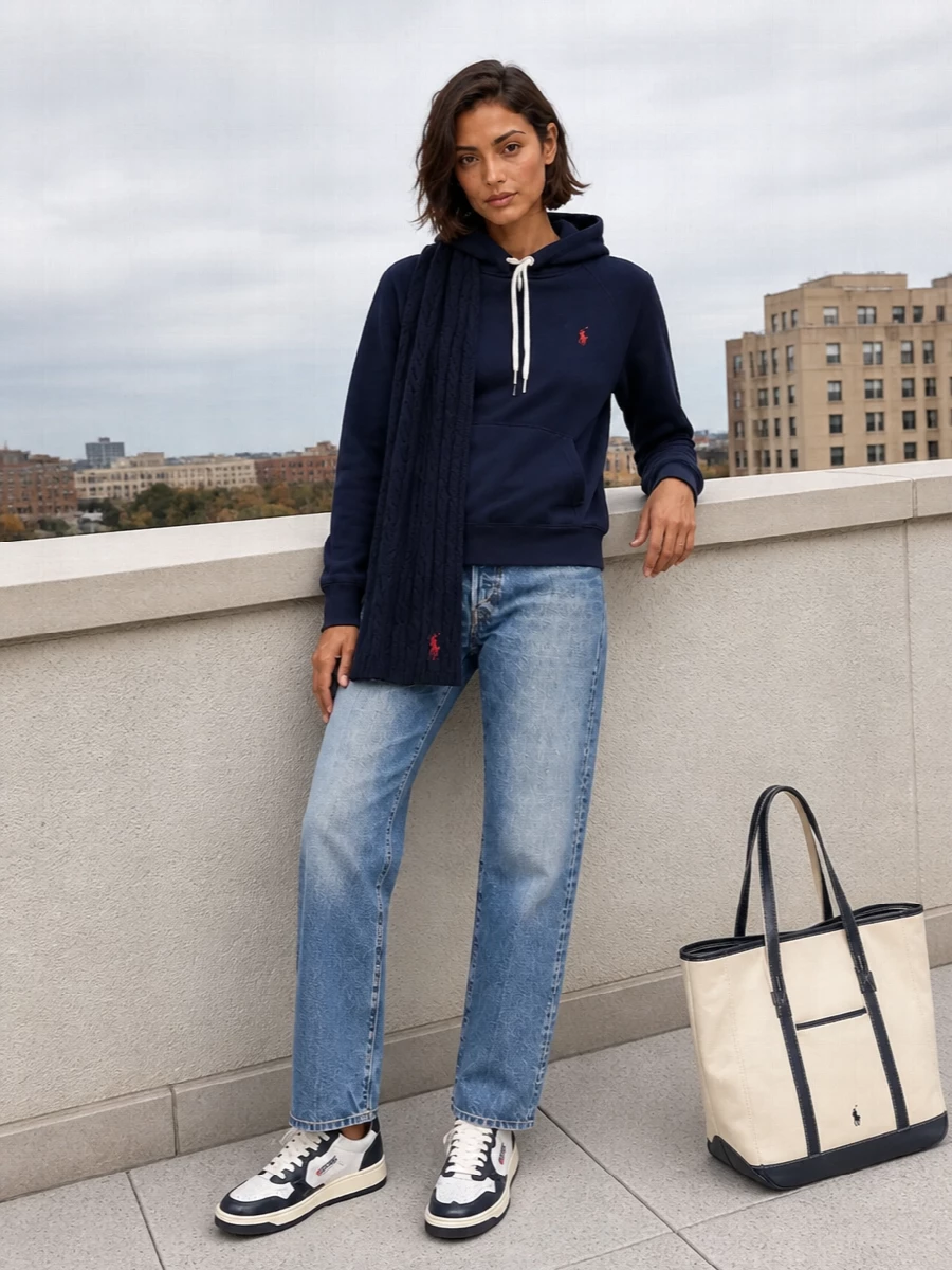 Navy collegiate fleece meets lived-in straight blue denim for a classic campus-ready mix of comfort and structure. Retro-court sneakers and a canvas tote keep the palette tight in navy, cream and red. The cable-knit scarf finishes it with a subtle heritage note that feels right from lectures to weekend city walks.