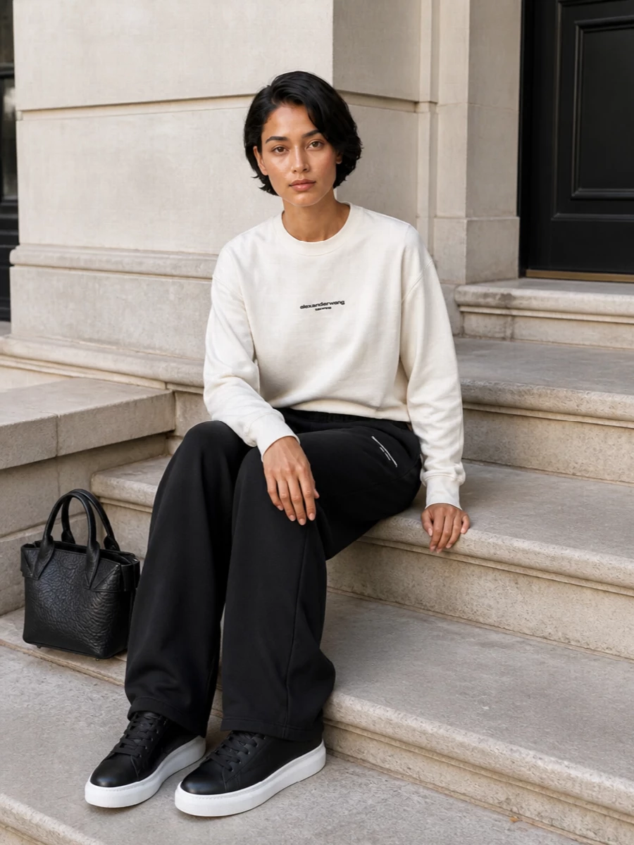 Alexander wang black wide leg pants sweatshirt outfit