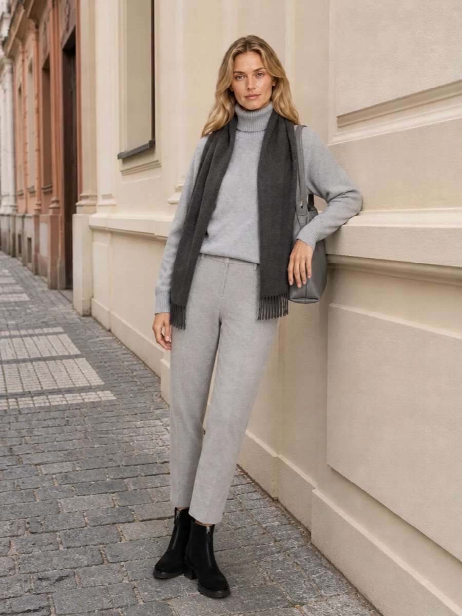 Lisa yang grey turtleneck with tapered pants outfit