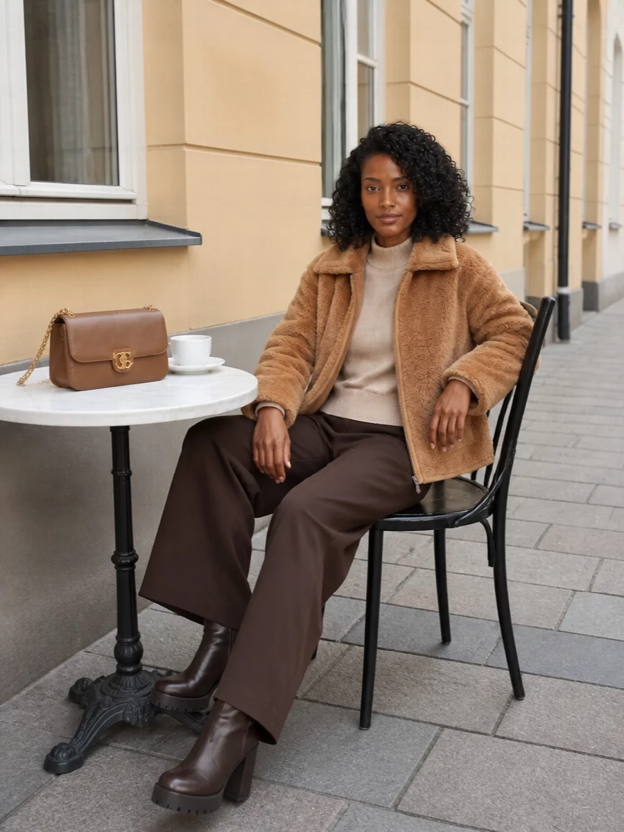 Pinko teddy jacket wide leg trousers outfit