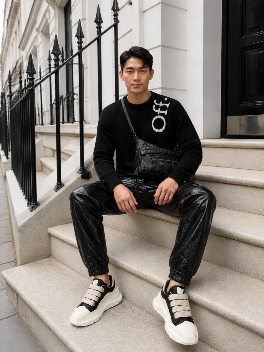 A deep black and bone palette keeps this outfit clean and graphic, with the coated jogger adding texture against the matte crew. Chunky low tops echo the neckline detail and anchor the proportions, while the slim, hardware-heavy crossbody leans into an urban, directional mood without feeling busy. It reads as considered streetwear that stays minimal and monochrome from head to toe.