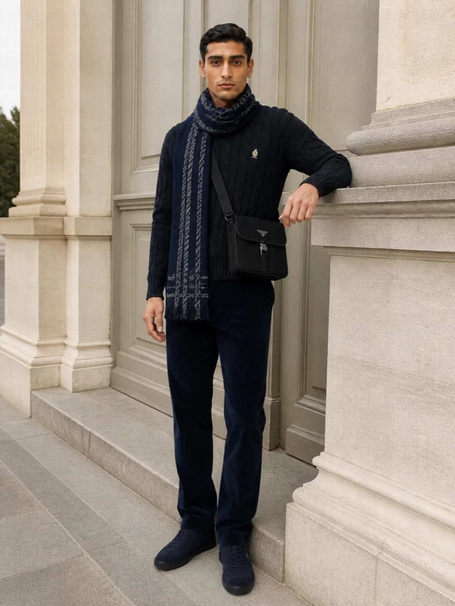 Prada navy cable knit corduroy trousers outfit