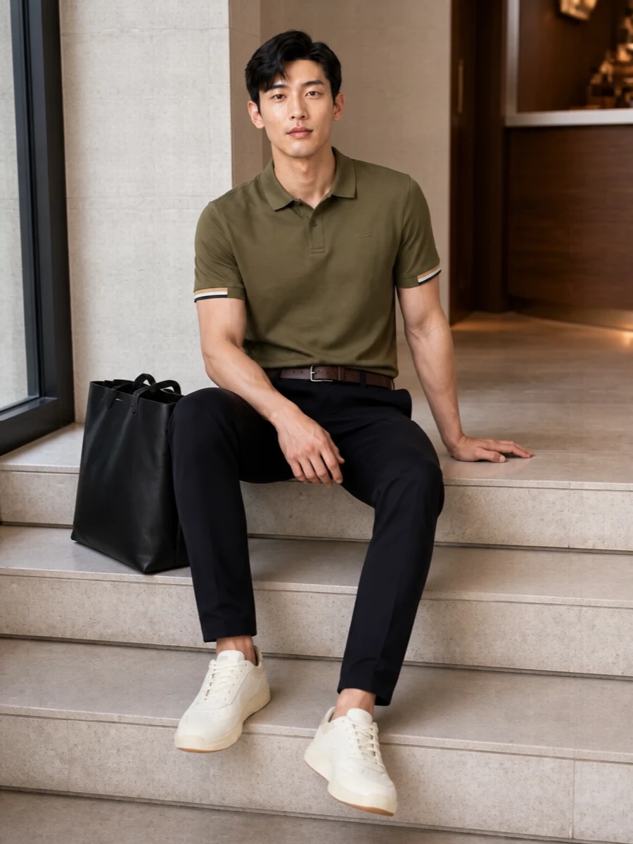 Boss olive polo navy trousers cream sneakers