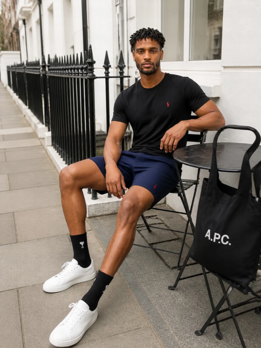 Ralph lauren tee navy shorts white adidas sneakers