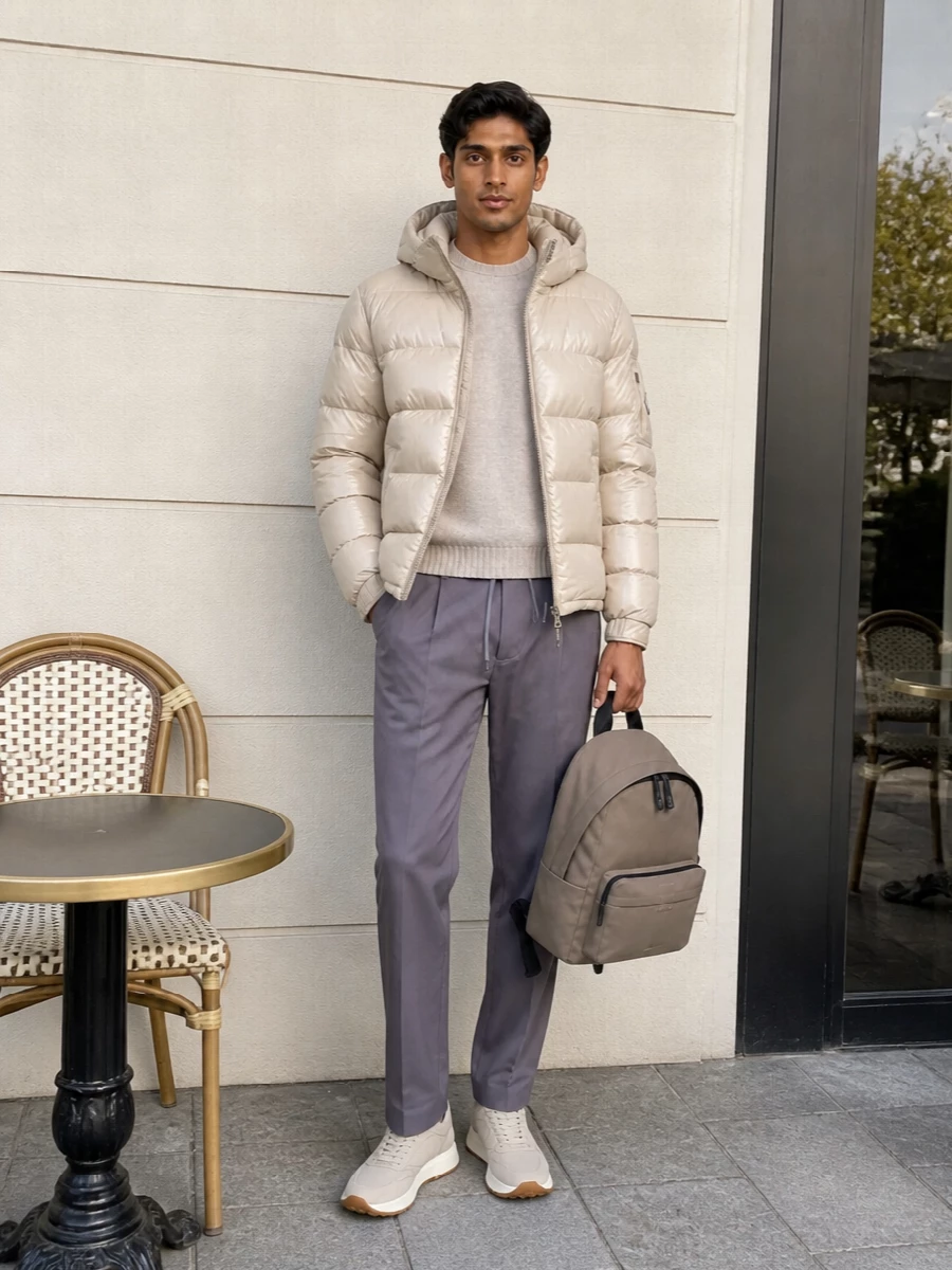 Herno beige puffer taupe trousers outfit