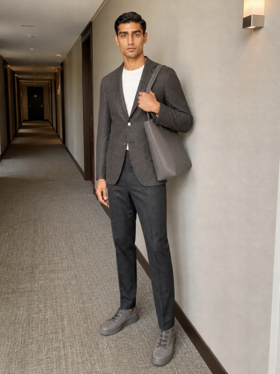Tagliatore blazer grey sneakers charcoal trousers