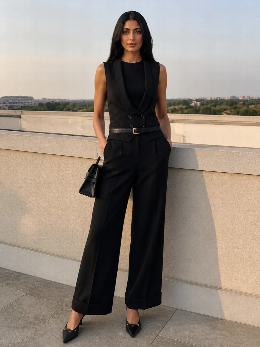 Moschino tuxedo vest black wide leg trousers