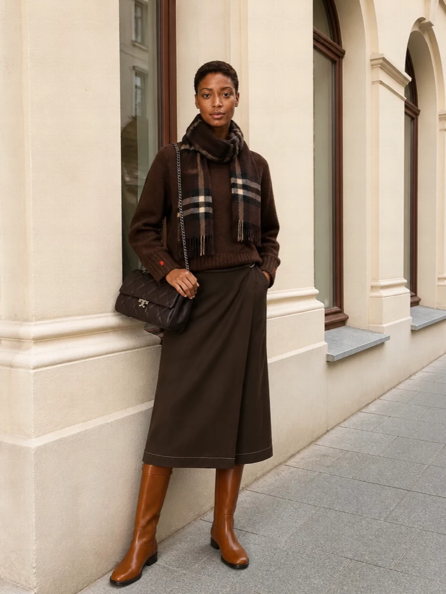 Tory burch brown sweater wrap skirt outfit