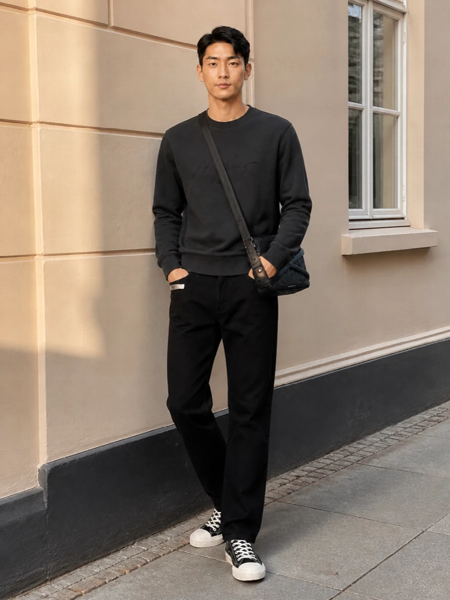 Moschino charcoal sweatshirt black jeans outfit