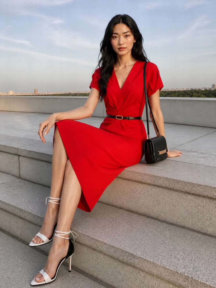 A saturated red Victoria Beckham dress is framed with graphic white stilettos and a compact black shoulder bag for a clean, gallery-to-dinner take on cocktail dressing. The slim black crystal-detailed belt quietly sharpens the waist, keeping the silhouette sculpted and confident while the palette stays disciplined and modern.