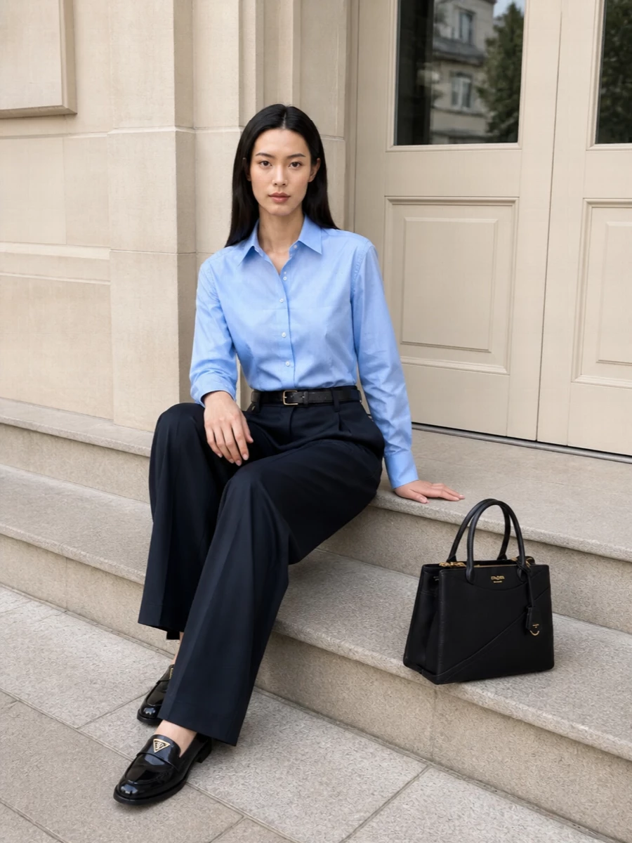 Prada navy wide leg trousers light blue shirt