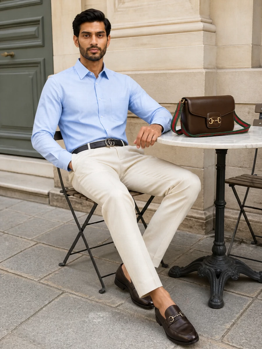 Gucci blue shirt beige trousers loafers