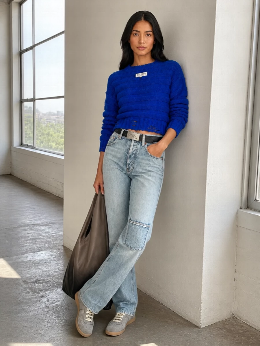 Mm6 cobalt knit with straight jeans outfit