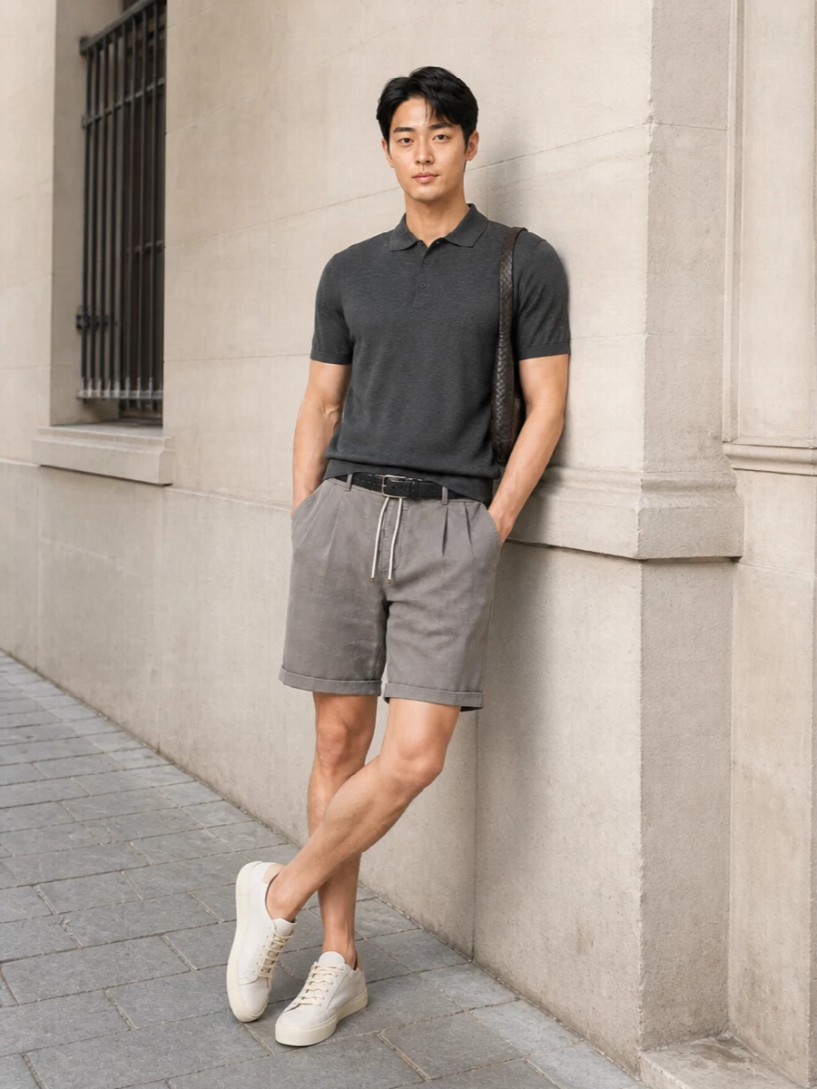 This look pairs the charcoal Brunello knit polo with warm-grey drawstring shorts for a refined take on off-duty dressing that still feels considered and urban. Eggshell low-top sneakers keep the palette light for summer, while the intrecciato crescent bag and discreet black belt introduce depth and texture that stay firmly within a minimalist, quiet-luxury register. Together, the proportions are clean and relaxed, ideal for terrace lunches, city strolls, or an understated casual office day in warmer weather.