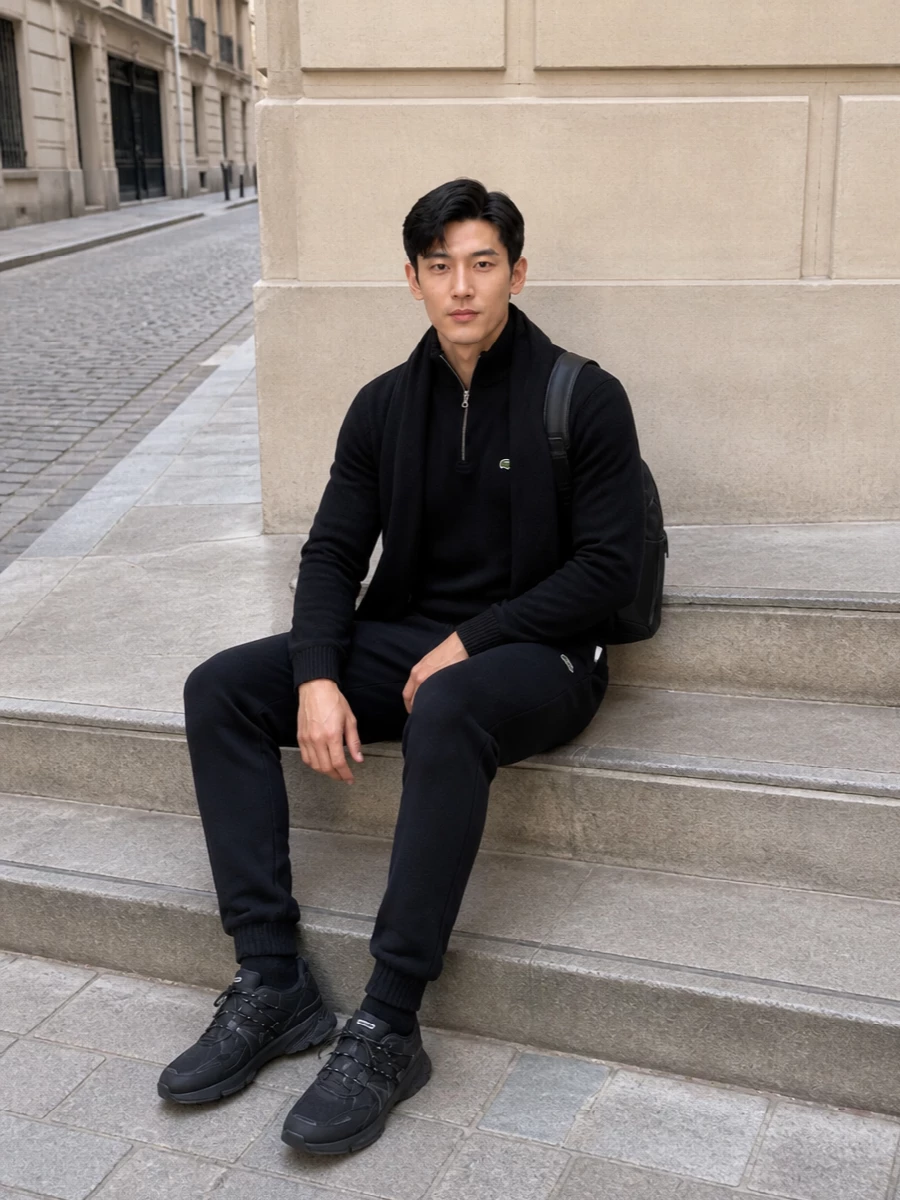 Lacoste black mock neck joggers sneakers outfit