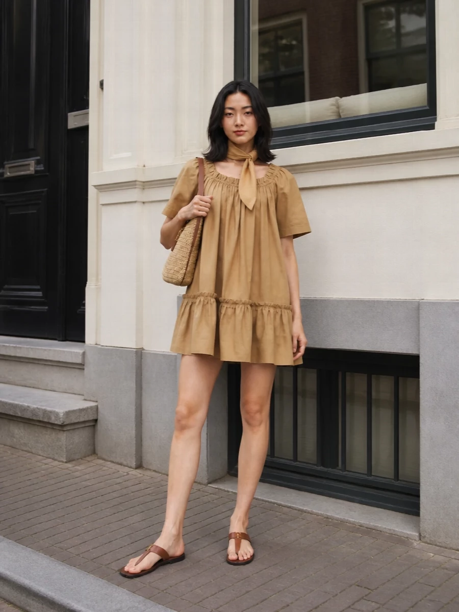Saint laurent camel mini dress tan sandals raffia bag