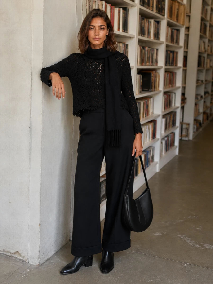 Semicouture black lace sweater wide leg trousers