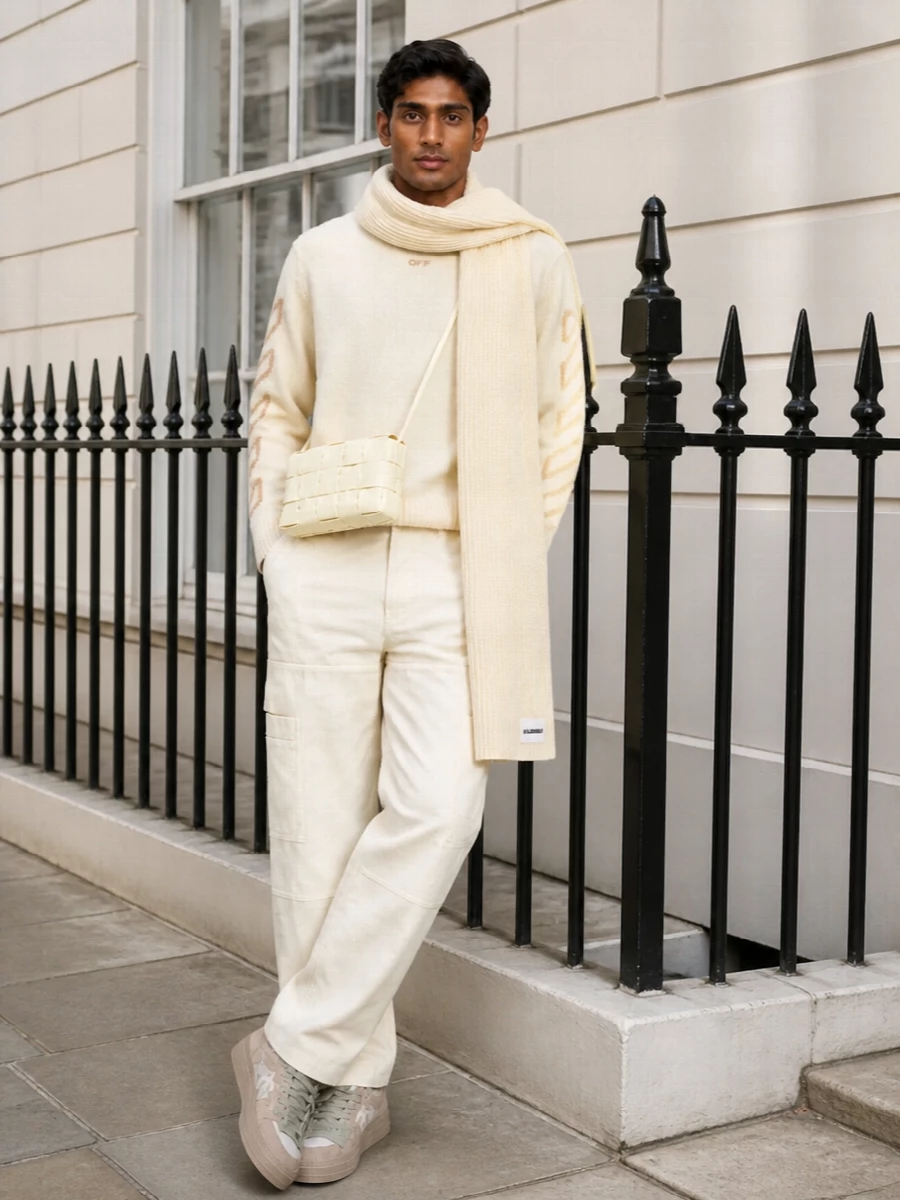 Off white cream sweater cargo pants sneakers