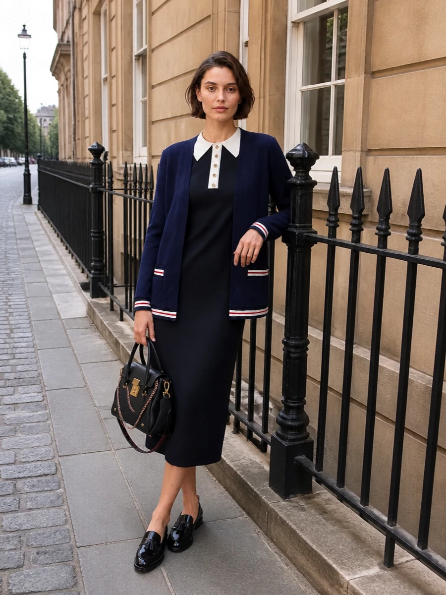 Thom browne navy blazer polo midi dress outfit