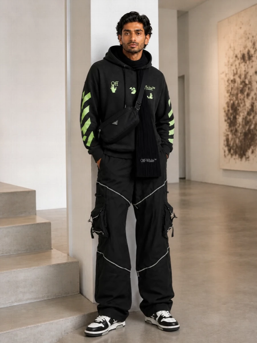 Off white hoodie black cargo pants high top sneakers