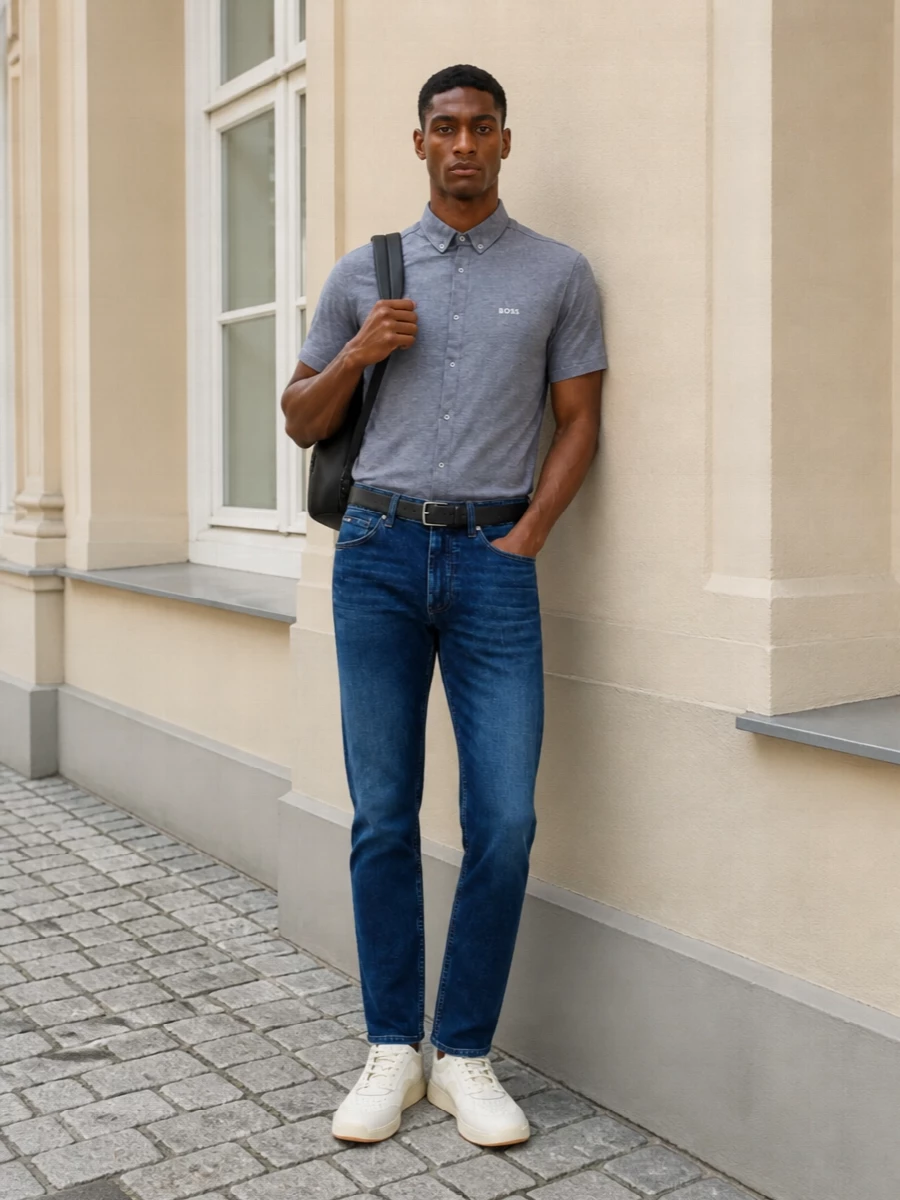 Boss grey short sleeve shirt jeans sneakers