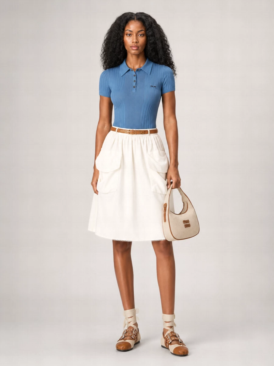 Soft ivory and dusty blue keep this outfit light and fresh, while the ribbed polo and sculptural cargo skirt play a neat game of polished prep and gentle volume. Flat ribboned ballerinas and a cream mesh hobo add ease and texture, and a tan chain belt quietly sharpens the waist so the silhouette feels intentional, not saccharine.