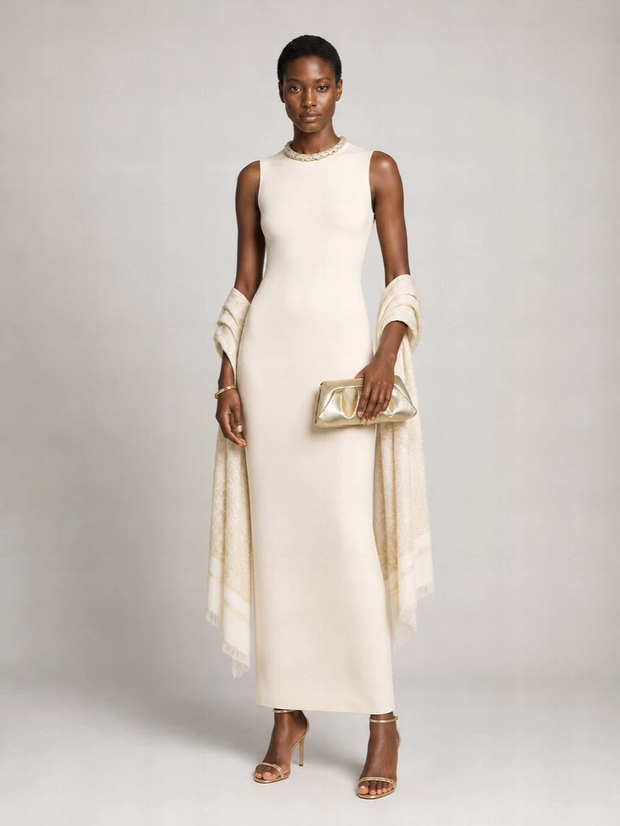 An ivory column dress with its own jeweled neckline is grounded with strappy metallic gold sandals for a clean, elongated line. A sculptural light-gold clutch and a single slim cuff keep the metal story cohesive and restrained. The tonal stole is there for the terrace breeze, adding just enough softness without disturbing the minimalist precision.