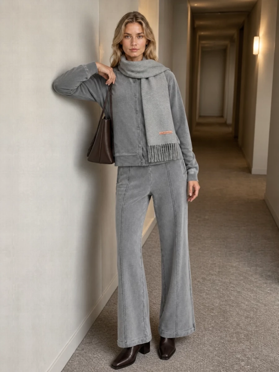 Our legacy grey cardigan wide leg trouser outfit