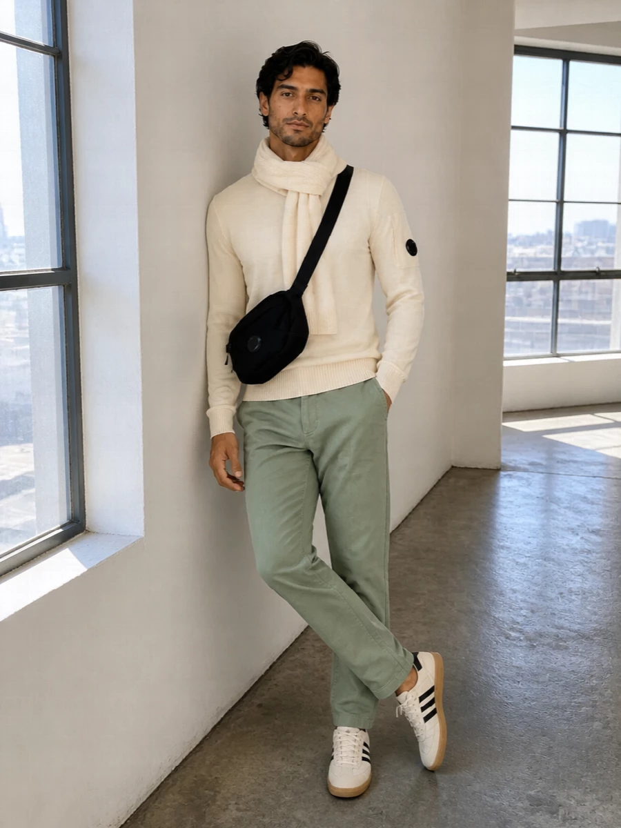 Cp company cream sweater sage chinos outfit