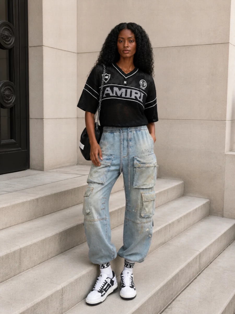 Amiri mesh jersey cargo pants sneakers outfit