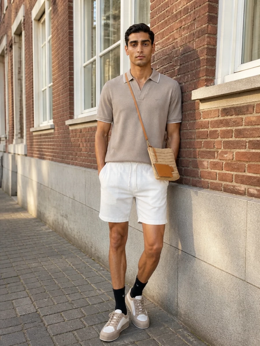 Emporio armani taupe polo white shorts outfit