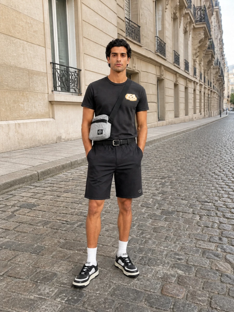 Diesel charcoal shorts graphic tee sneakers