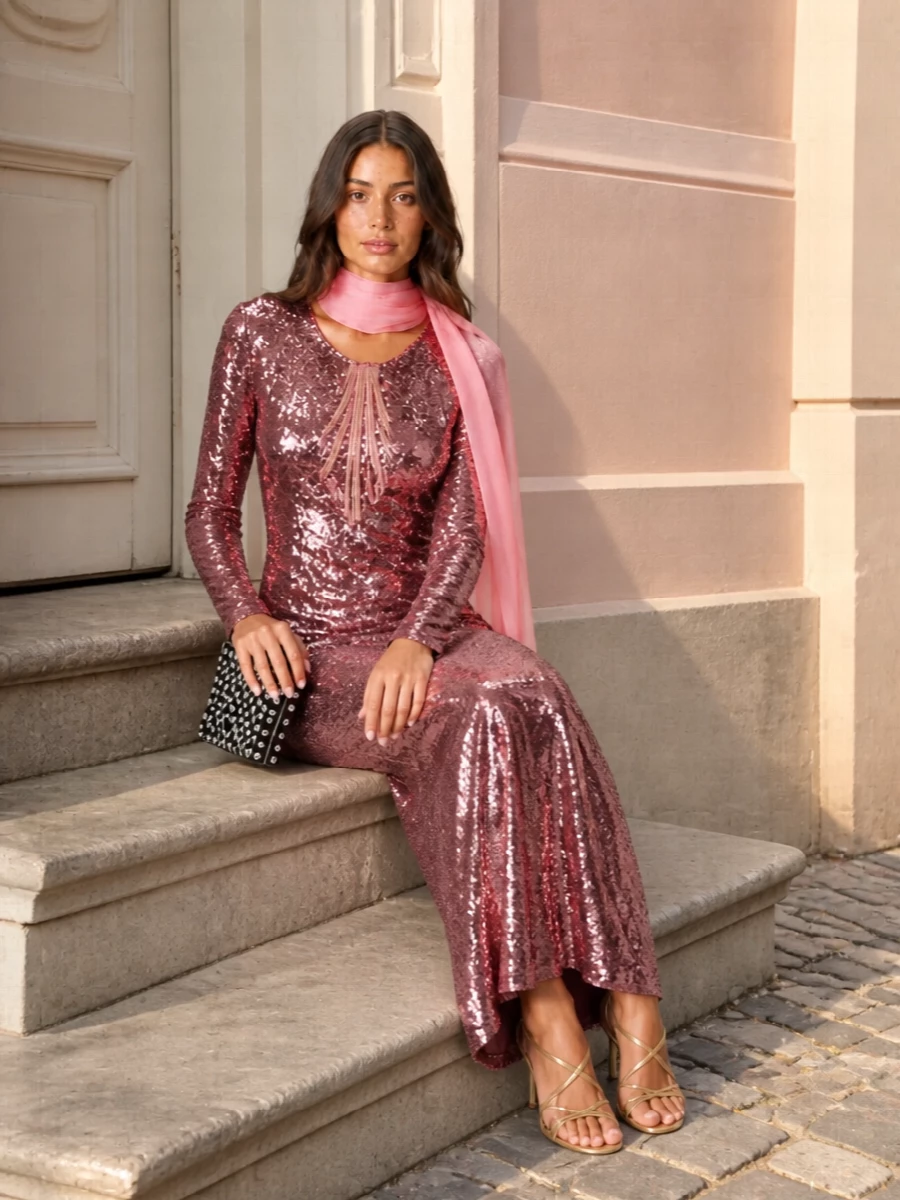 Dolce gabbana pink sequin evening dress outfit
