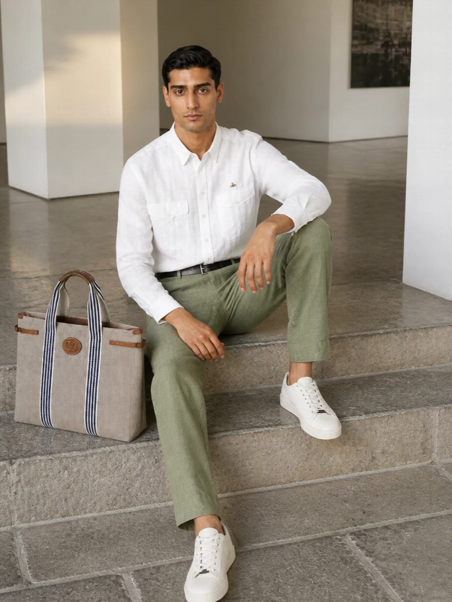 Vivienne westwood shirt sage trousers white sneakers